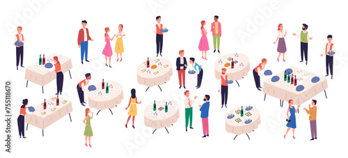 People at banquet table. Standing appetizer tables catering banquet service occasioned celebration wedding birthday party  enjoy restaurant food drink  classy vector illustration