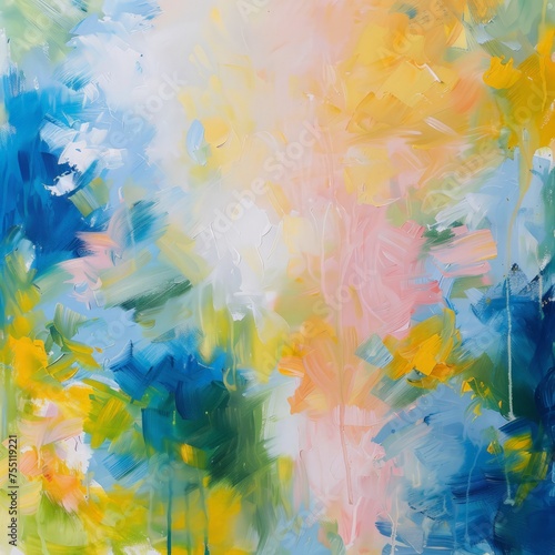 An abstract painting featuring bold brushstrokes of blue  yellow  pink  and green creating a visually striking composition.