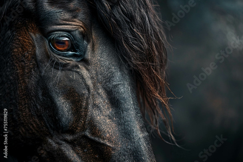 Black horse with brown eyes close-up. Animal.