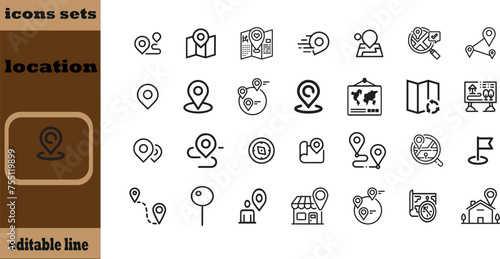 Location icon set. Containing map, map pin, gps, destination, directions, distance, place, navigation and address icons. Solid icons vector collection photo