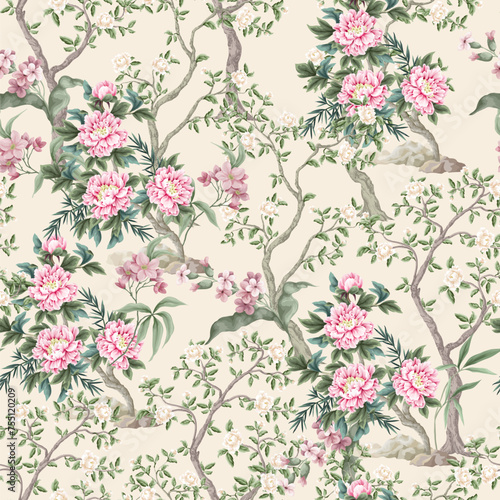 Chinoiserie seamless pattern with peonies trees and flowers. Vector.