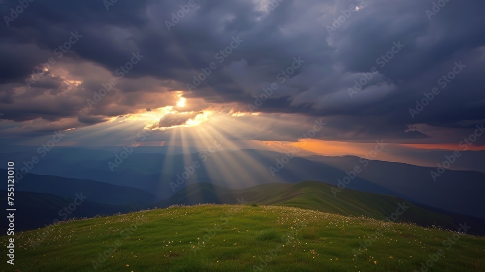 Obraz premium the sun shines through the clouds above a grassy field on top of a hill in the distance, with mountains in the distance.