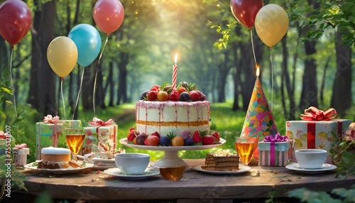Blissful Woodland Birthday: Tea Time in Nature's Embrace, Outdoor Party Scene, Gift Giving, Birthday Cake Delight, Celebration in the Forest, Balloon Decor, Joyous Occasion