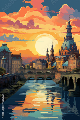 Illustration of the city of Dresden. For postcards, magnets, souvenirs. Generative AI tools