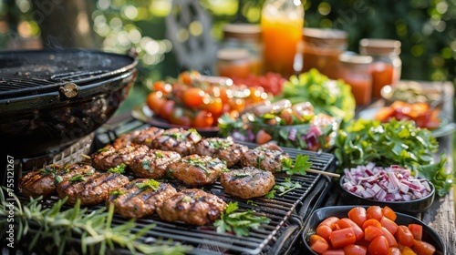 Grill With Hamburgers and Vegetables Cooking