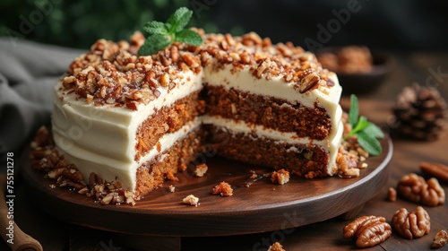 a piece of cake with white frosting and walnuts on a wooden plate with a slice cut out of it.