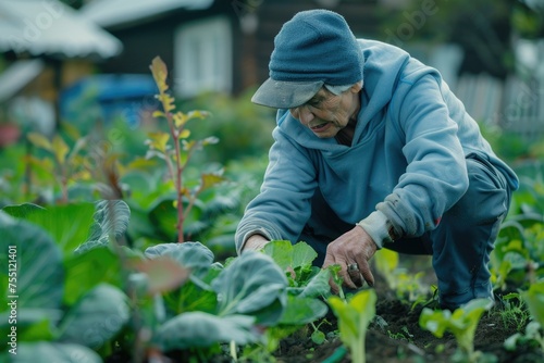 An old woman plants cabbage. Weeding the garden. Plant care. growing vegetables. Old age. Grandmother