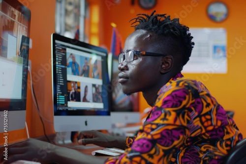 Black African graphic designer editing print on desk