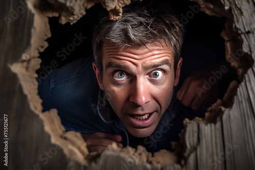 in the wall of the room there is a huge broken hole into the blackness, a frightened confused man this hole