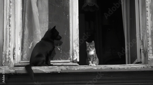 a black and white photo of a cat and a cat sitting on a window sill looking out the window.