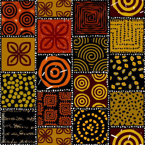 Seamless african pattern. Ethnic and tribal motifs. Brown, red, khaki and black colors. Grunge texture. Vintage print for textiles. Patchwork style. Vector illustration.
