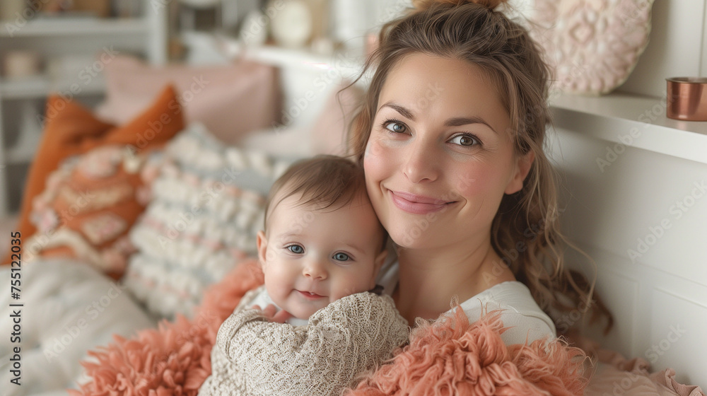 Mother breastfeeding baby in a bright, warm-toned white bedroom . Mother breastfeeding baby in a bright, warm-toned white bedroom .