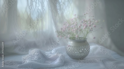 a white vase filled with pink flowers sitting on top of a white bed covered in a white comforter next to a window.