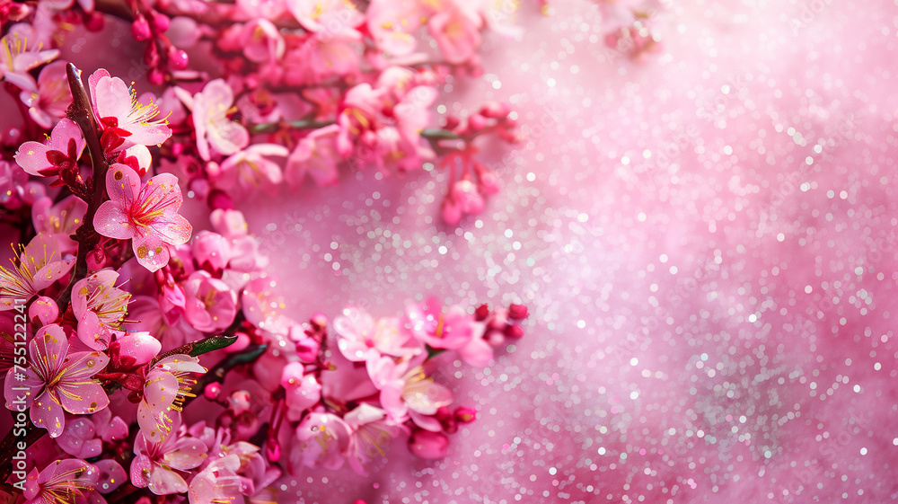 Sakura flowers with pink glitter background. Cherry blossom with copy space. Sakura flowers with pink glitter background. Cherry blossom with copy space.