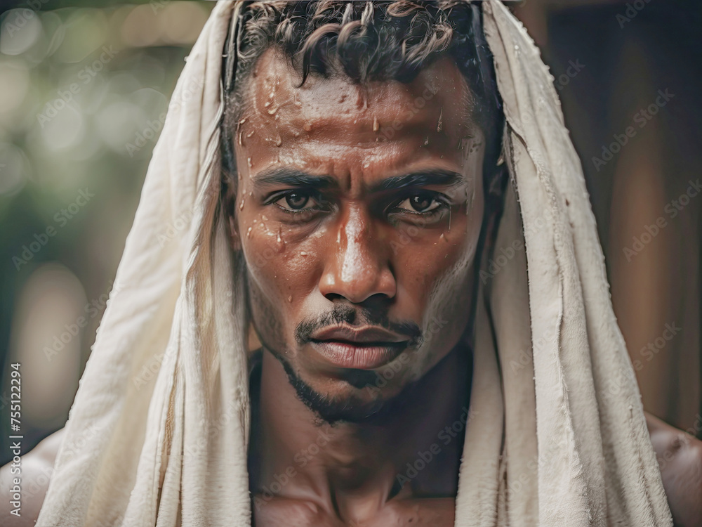 Mens with wet hair with a towel on the head. Treatment in a spa. Rest at the hotel. Hygienic procedures Mens with wet hair with a towel on the head. Treatment in a spa. Rest at the hotel. Hygienic procedures