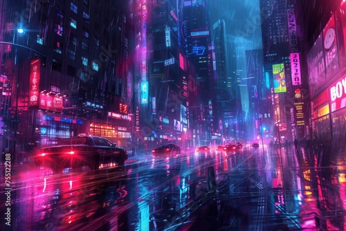 This image presents a stunning night-time cityscape bathed in neon lights  with reflections on streets creating a futuristic atmosphere. Resplendent.