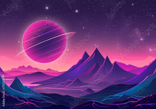 A mountain landscape on an alien planet with a planet in space. Pink and purple wallpaper background illustration.