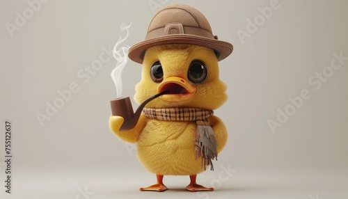 a detective baby duck in standing posture, donning a detective's cap, holding a smoking pipe, exuding calmness and mystery. photo