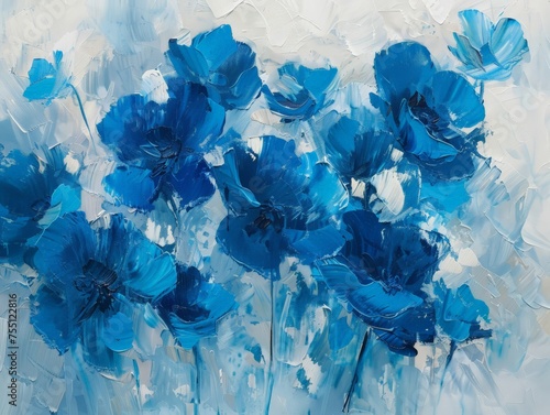 A detailed painting of vibrant blue flowers arranged in a glass vase, showcasing delicate brushstrokes and shades of blue. #755122816