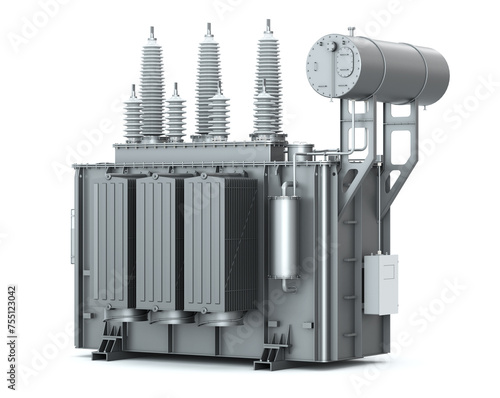 Black three-phase electricity transformer with oil tank isolated on white background. 3d render