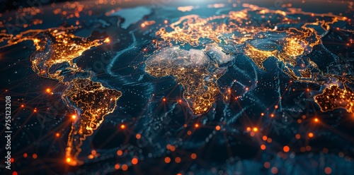 Earth at night with a glowing network as a symbol of global connection, technology and data information transfer. Worldwide connection through internet. View from space on a glowing world map.