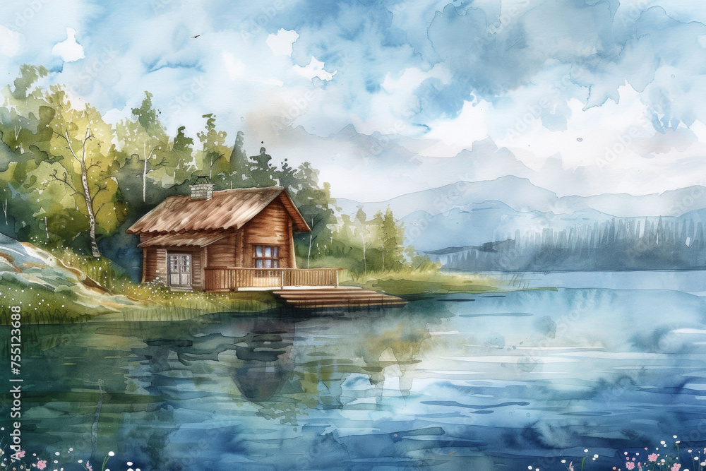 Obraz premium Cozy house with spring flowers and blue lake. Watercolor illustration.