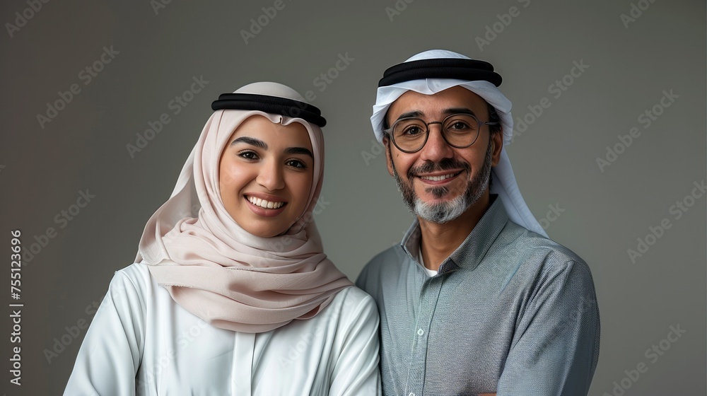 Arab man and woman happy and proud, looking confidently. Generative AI. Arab man and woman happy and proud, looking confidently. Generative AI.