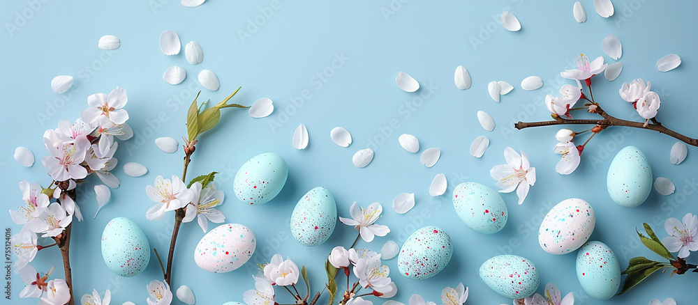 Happy Easter banner with easter eggs in nest and spring flowers. Blue Easter background with copy space. Flat lay,easter banner,happy easter background Happy Easter banner with easter eggs in nest and spring flowers. Blue Easter background with copy space. Flat lay,easter banner,happy easter background