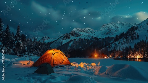 A ski tent at night. Generative AI. © visoot