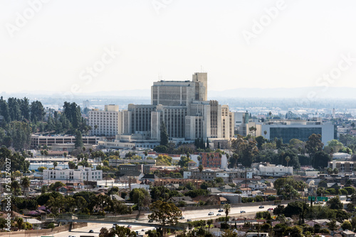 Scenic overlook view of the historic art deco Los Angeles County Hospital building.  