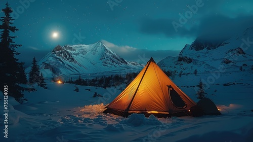 A ski tent at night. Generative AI.
