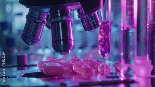 VRE bacteria in a clinical laboratory setting, showcasing microscopic views and scientific equipment under bright, clinical lighting for emphasis on scientific analysis. photo