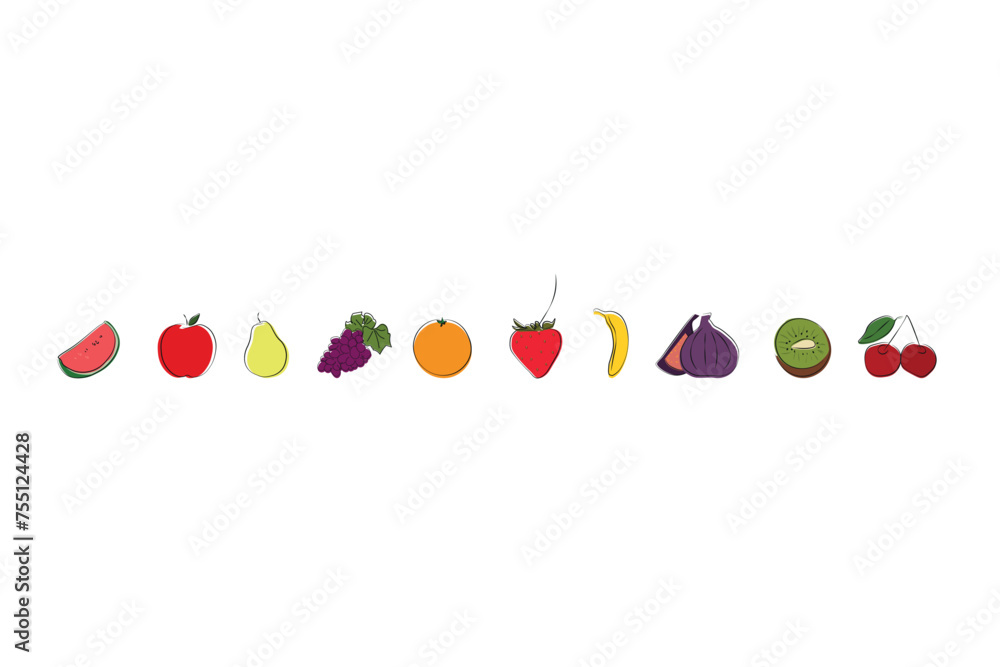 line art drawing style various fruits set. watermelon, apple, pear, grape, orange, strawberry, banana, fig, kiwi and cherry vector illustration. Set of modern fruits icons line art drawing style various fruits set. watermelon, apple, pear, grape, orange, strawberry, banana, fig, kiwi and cherry vector illustration. Set of modern fruits icons
