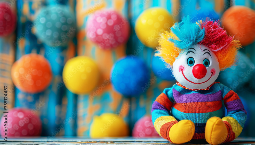 Rainbow Clown Delight - Photography Backdrop
A toy clown adorned in rainbow attire brings joy against a background of colorful spheres.