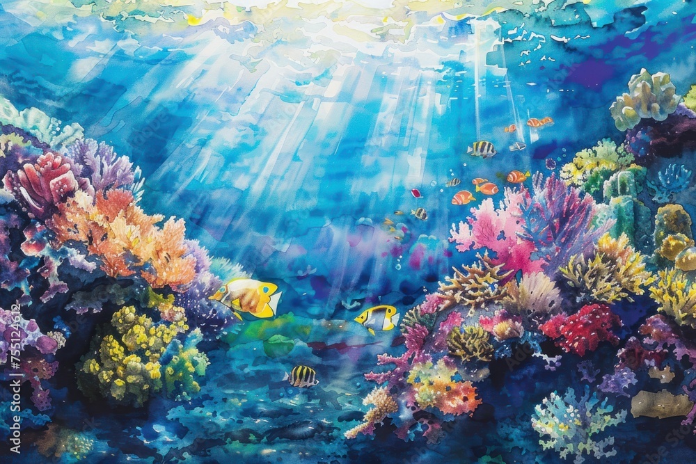 watercolor of a vibrant coral reef underwater scene teeming with colorful fish corals and sunlight filtering through the water creating a mosaic of light on the ocean floor - obrazy, fototapety, plakaty 