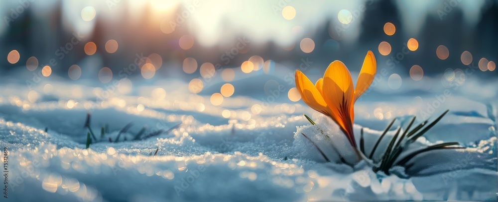 Yellow Flower on Snow Covered Ground - obrazy, fototapety, plakaty 