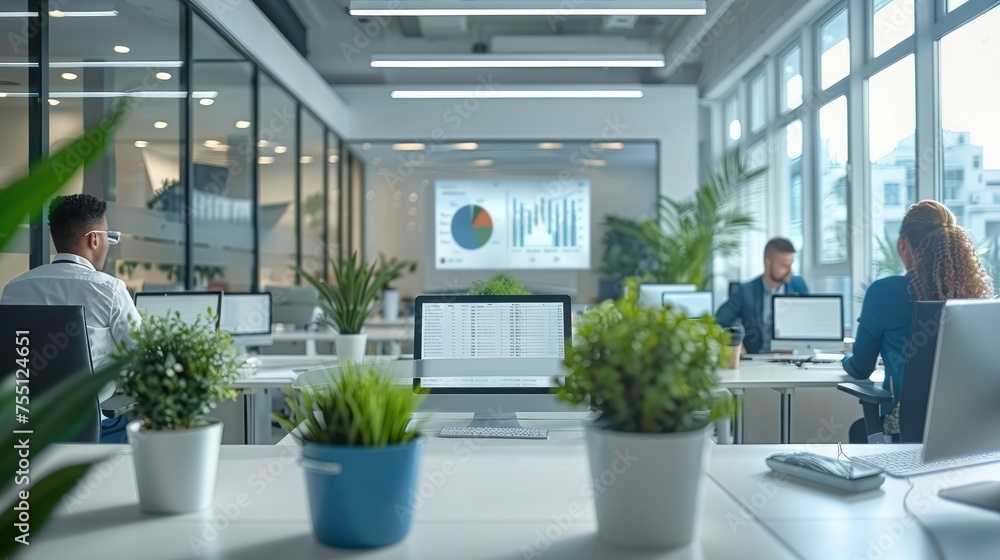 An elegantly designed modern office space, illustrating the contrast between internal and external accounting. a team of in-house accountants is deeply engaged in work. Generative AI. - obrazy, fototapety, plakaty 