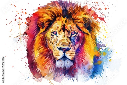 An artistic watercolor representation of a majestic lion its mane flowing with vibrant hues © Nisit