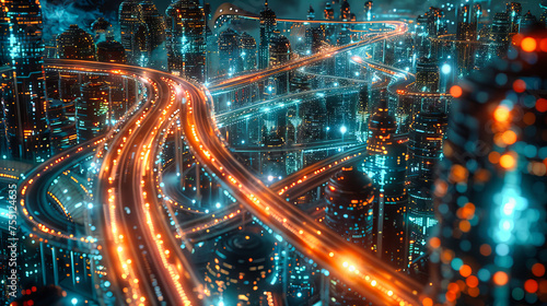 Aerial Night View of Urban Traffic, City Roads and Highways, Fast Movement and Connectivity, Architecture and Light Trails