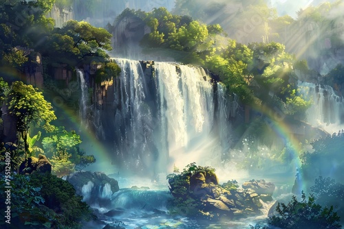 A majestic waterfall cascading over rocks into a misty pool below surrounded by lush greenery with rays of sunlight piercing through the mist creating rainbows watercolor style