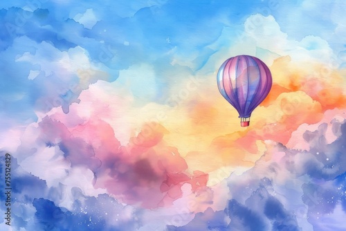 A dreamy watercolor illustration of a hot air balloon floating high in the sky against a backdrop of fluffy clouds