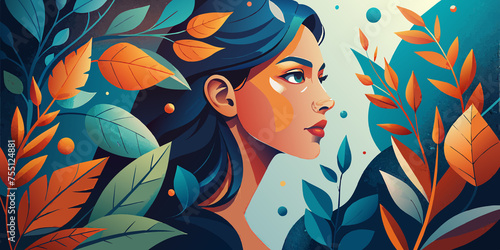 illustration of woman face from the side surrounded by leaves for Women s day celebration greeting card