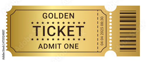 Golden ticket admit one pass or VIP coupon. Vector illustration isolated on white background