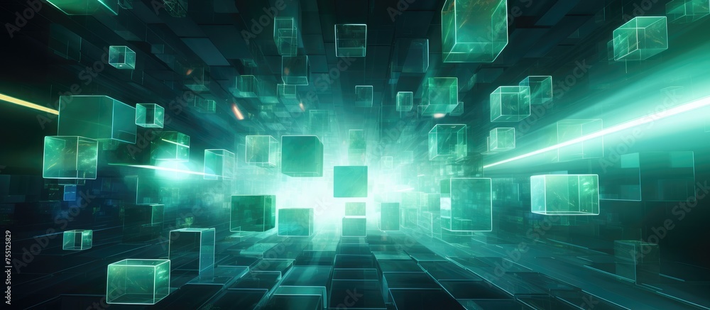An abstract blue-green interior is depicted in this image, filled with flying cubes and intersecting light beams against a black backdrop. An abstract blue-green interior is depicted in this image, filled with flying cubes and intersecting light beams against a black backdrop.