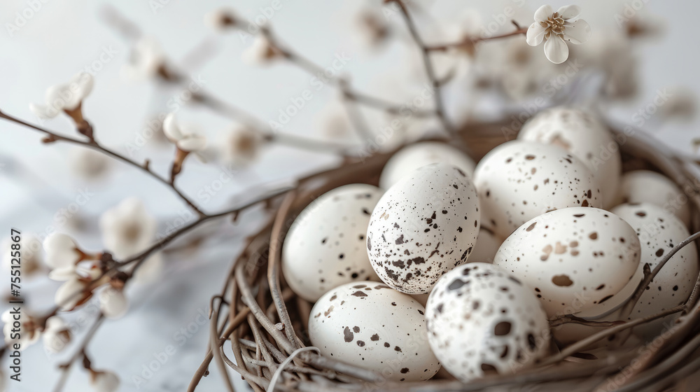 Natural speckled eggs in twig nest surrounded by soft white blossoms, heralding spring. Natural speckled eggs in twig nest surrounded by soft white blossoms, heralding spring.
