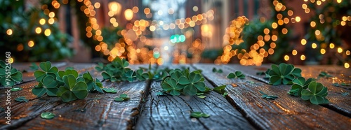 Rustic wooden table strewn with clover leaves, foregrounding a festive alleyway adorned with twinkling lights, creating a holiday vibe.