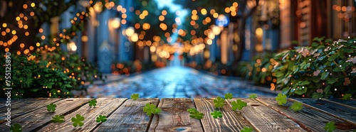 Rustic wooden table strewn with clover leaves, foregrounding a festive alleyway adorned with twinkling lights, creating a holiday vibe.