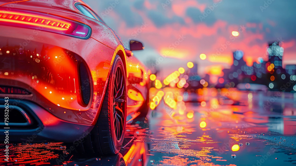 Red car with water drops on the road after rain in the evening Red car with water drops on the road after rain in the evening