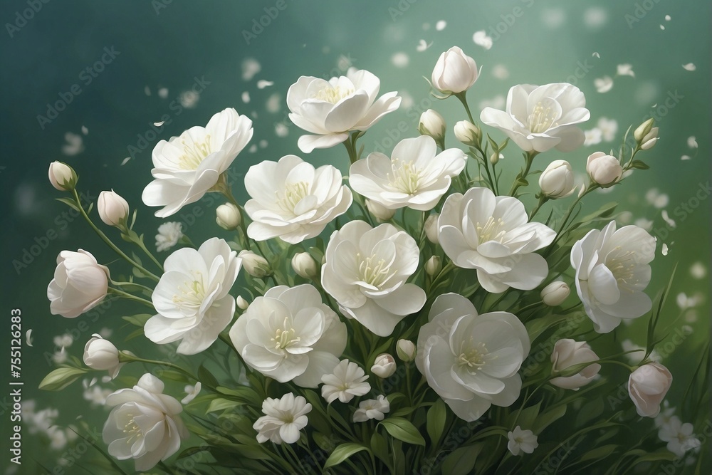 Bouquet of White Flowers on Top of Lush Green Field, Soft Pastel Tones, Flower Buds, White and Soft Pink, Desktop Wallpaper
