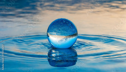 Crystal ball on water surface. Transparent glass sphere. World water day.